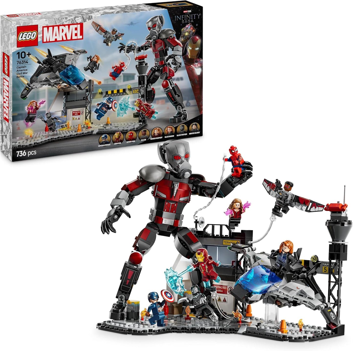 LEGO Marvel Capitão América: Batalha de Ação da Guerra Civil - Brinquedo de construção de super-heróis com 8 minifiguras incl. Homem de Ferro, Homem-Aranha e Pantera Negra - Presente