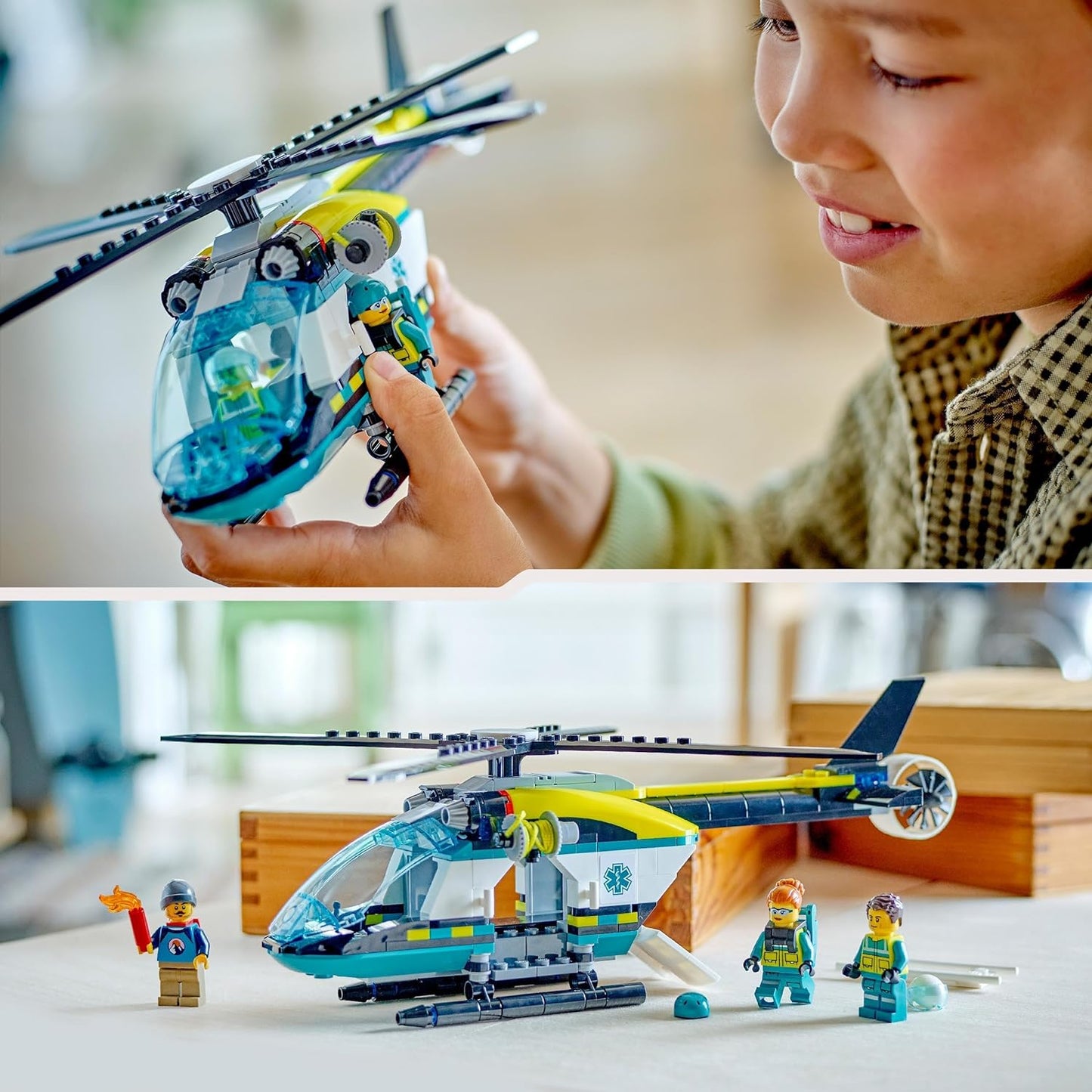 LEGO Brinquedo de helicóptero de resgate de emergência urbano para meninos e meninas de 6 anos ou mais, conjunto de construção de veículos com guincho, rotores giratórios e 3 minifiguras para brincadeiras imaginativas, presente de aniversário