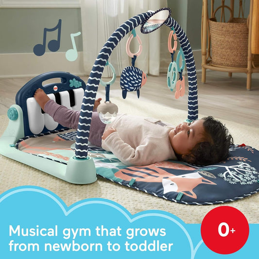Tapete de atividades Fisher-Price Baby com piano, brinquedos musicais e sensoriais para bebês e crianças pequenas, azul marinho e bege, HKX37