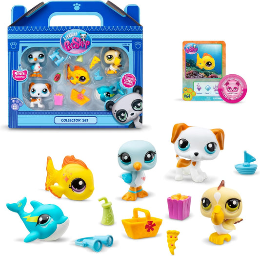 Littlest Pet Shop Collectors Pacote com 5 Amigas da Praia. O pacote contém 5 mini brinquedos LPS, 7 acessórios, 1 cartão colecionável e 1 código virtual. Brinquedos colecionáveis para meninas e meninos.