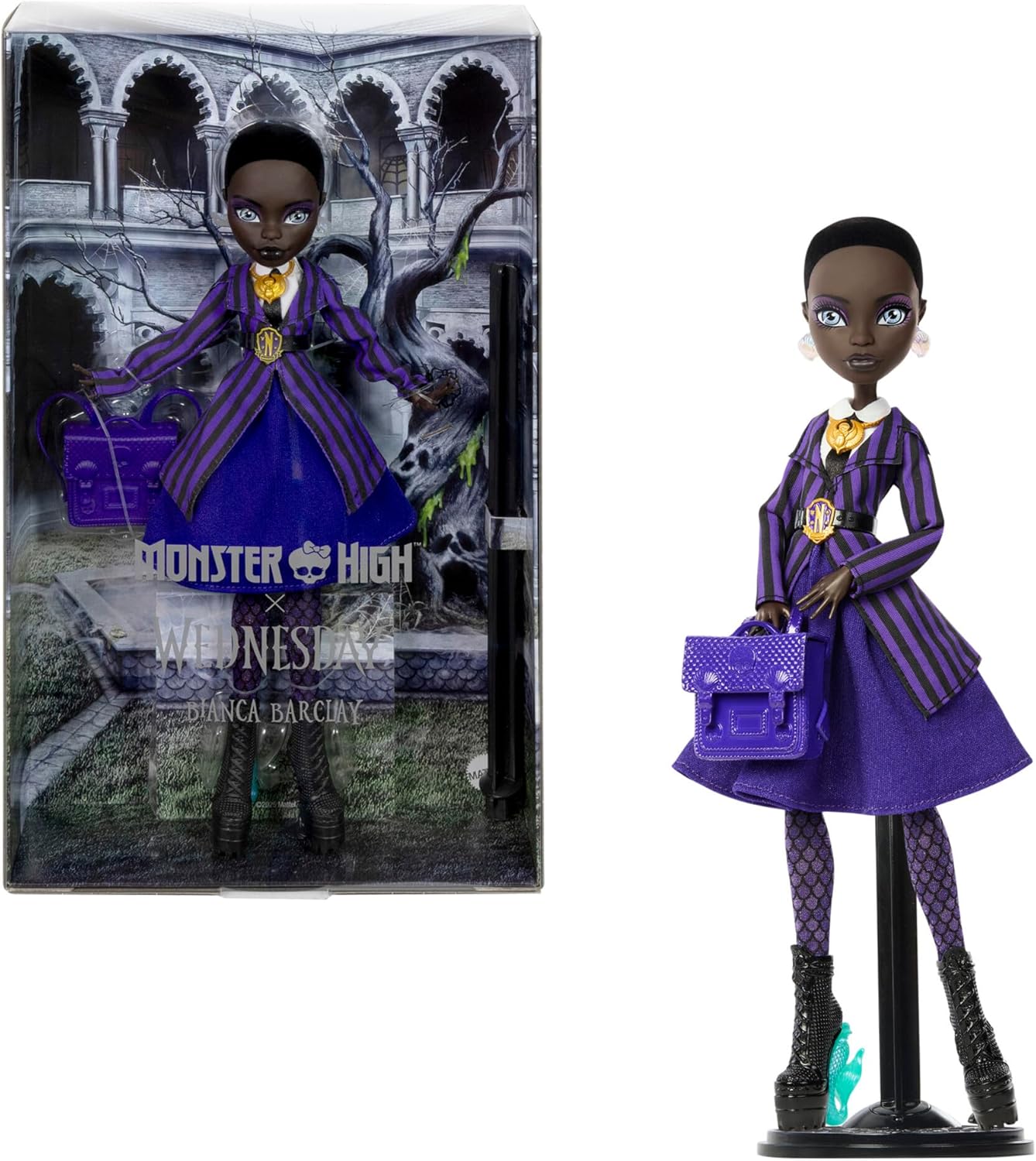 Monster High Boneca e acessórios x Wednesday, Bianca Barclay colecionável em uniforme da Academia Nevermore com amuleto da Sereia, mochila e suporte para boneca, JDR71