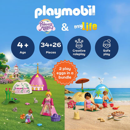 Playmobil Conjunto Play Egg Princesa e Praia | 2 Ovos Surpresa com Bonecos e Acessórios | Mini Mundos para Montar | Reutilizável como Cofre | Presente de Páscoa para Crianças a partir de 4 Anos | 210448