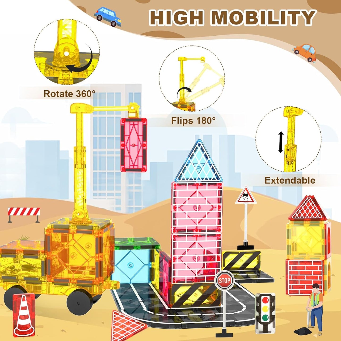 Conjunto de Estradas com Peças Magnéticas e Guindaste Magnético Extensível para Crianças - Brinquedo Educativo STEM de Construção Urbana para Meninos e Meninas de 3 a 8 Anos ou Mais, Brinquedo Criativo de Construção, Ideia Ideal para Aniversário (A)