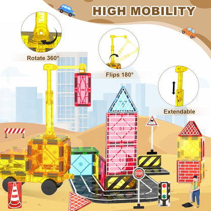 Conjunto de Estradas com Peças Magnéticas e Guindaste Magnético Extensível para Crianças - Brinquedo Educativo STEM de Construção Urbana para Meninos e Meninas de 3 a 8 Anos ou Mais, Brinquedo Criativo de Construção, Ideia Ideal para Aniversário (A)
