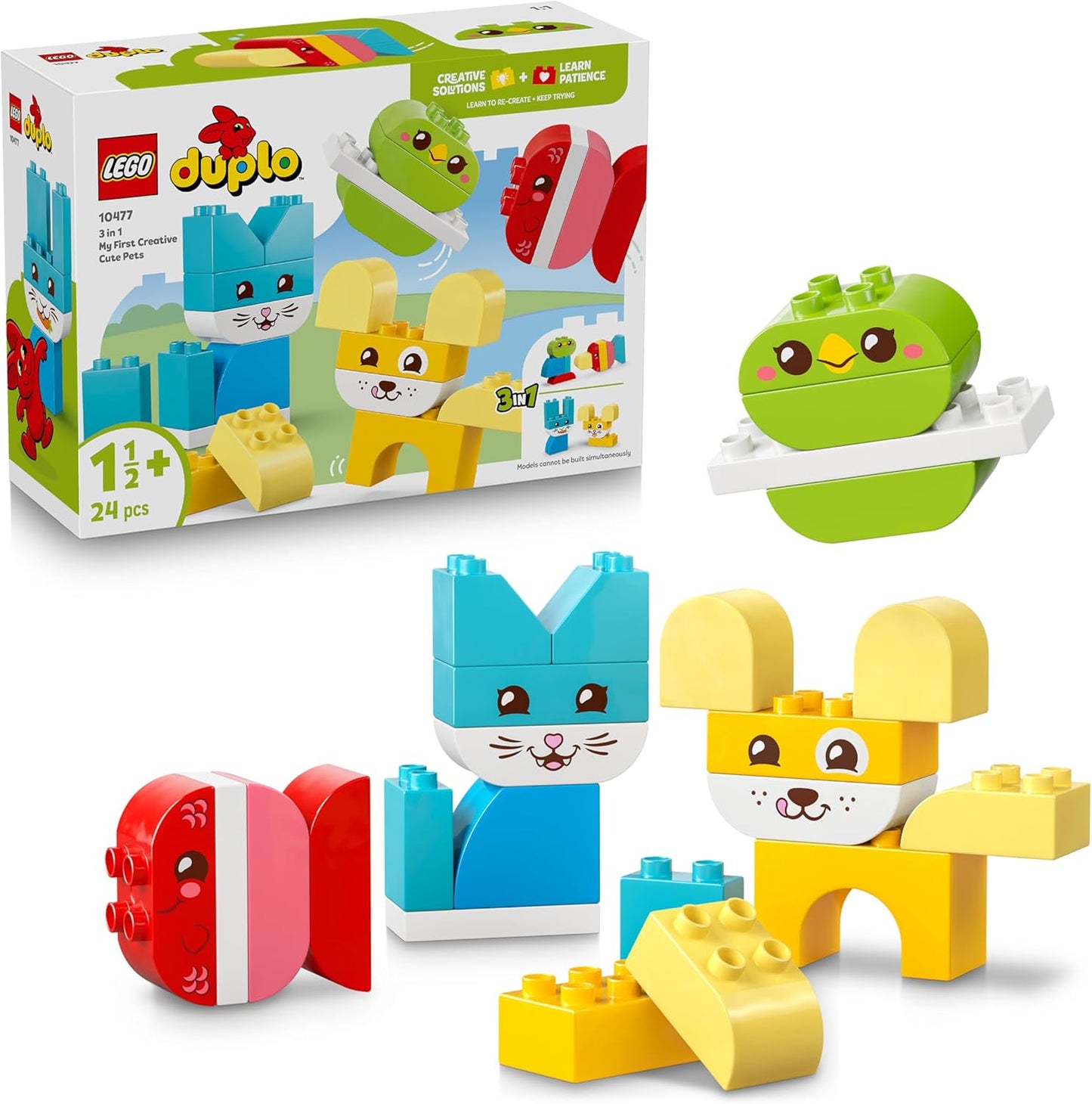LEGO DUPLO 3 em 1 Bichinhos Criativos e Fofos - Brinquedo Educativo para Desenvolvimento da Coordenação Motora Fina em Crianças - Figuras de Animais, incluindo Cachorro, Gato, Pássaro e Peixe - Presente de Aniversário para Bebês,