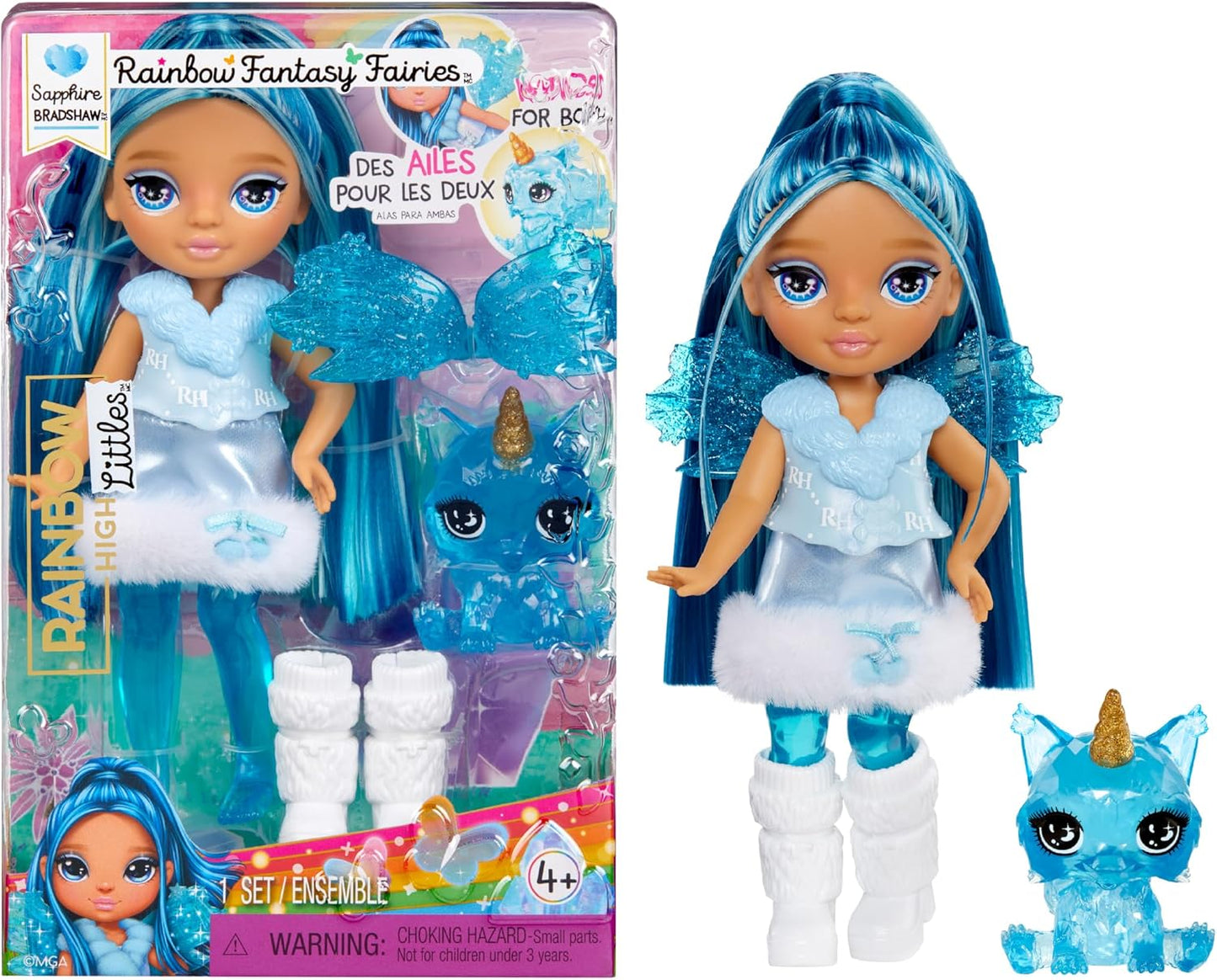 Rainbow High Littles Fadas Fantasia Arco-Íris e Animal de Estimação - Safira, Azul - Boneca pequena articulada de 14 cm e cachorro de estimação fantástico com asas de fada intercambiáveis, presente fofo para crianças a partir de 4 anos