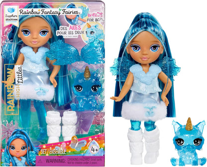 Rainbow High Littles Fadas Fantasia Arco-Íris e Animal de Estimação - Safira, Azul - Boneca pequena articulada de 14 cm e cachorro de estimação fantástico com asas de fada intercambiáveis, presente fofo para crianças a partir de 4 anos