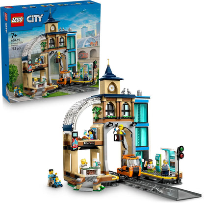 LEGO Conjunto City Estação Central de Trem com um veículo de manutenção, elevador funcional, máquina de bilhetes, 2 plataformas e uma peça de trilho, além de 6 minifiguras - Presente para meninos e meninas a partir de 7 anos - 60469