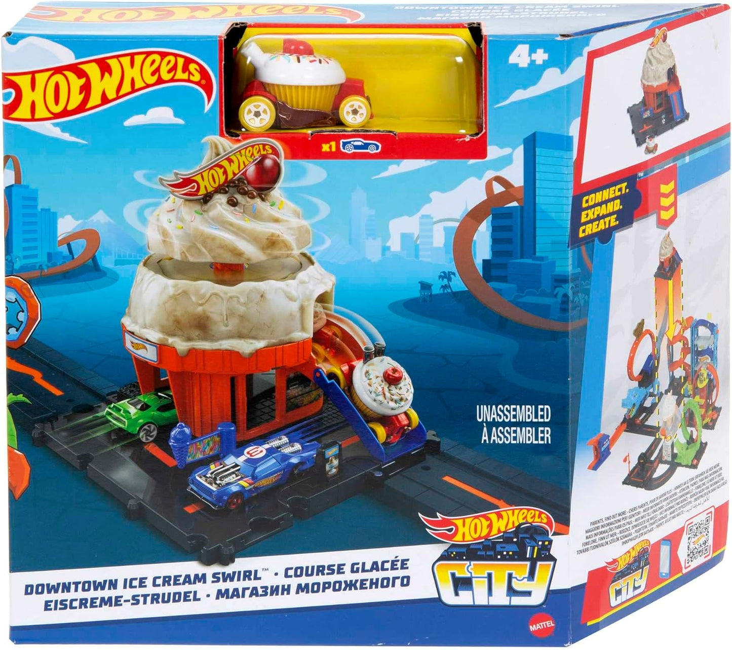 HOT WHEELS City Downtown Spielset Eiskrem-Strudel - Rennbahn-Action com manuellem Aufzug, Eiskrem-Wirbel e herunterklappbarer Rampe, incluindo 1 Hot Wheels Auto, para crianças de 4 anos, HKX38