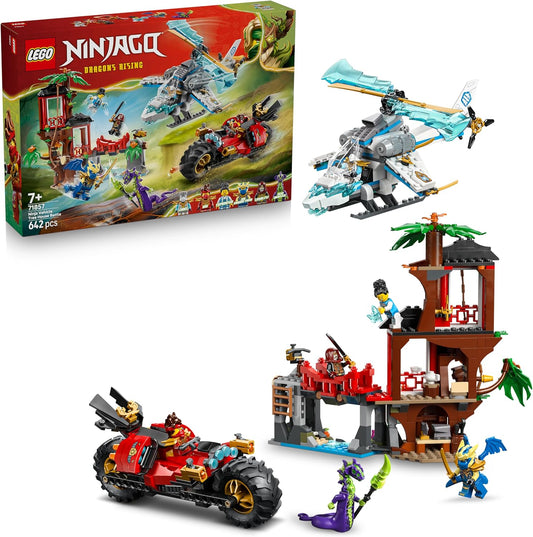LEGO NINJAGO Batalha na Casa da Árvore com Veículos Ninja - Brinquedo de Ação com Moto, Helicóptero, 6 Minifiguras e Espadas - Presente para Meninos e Fãs a partir de 7 Anos - 71857