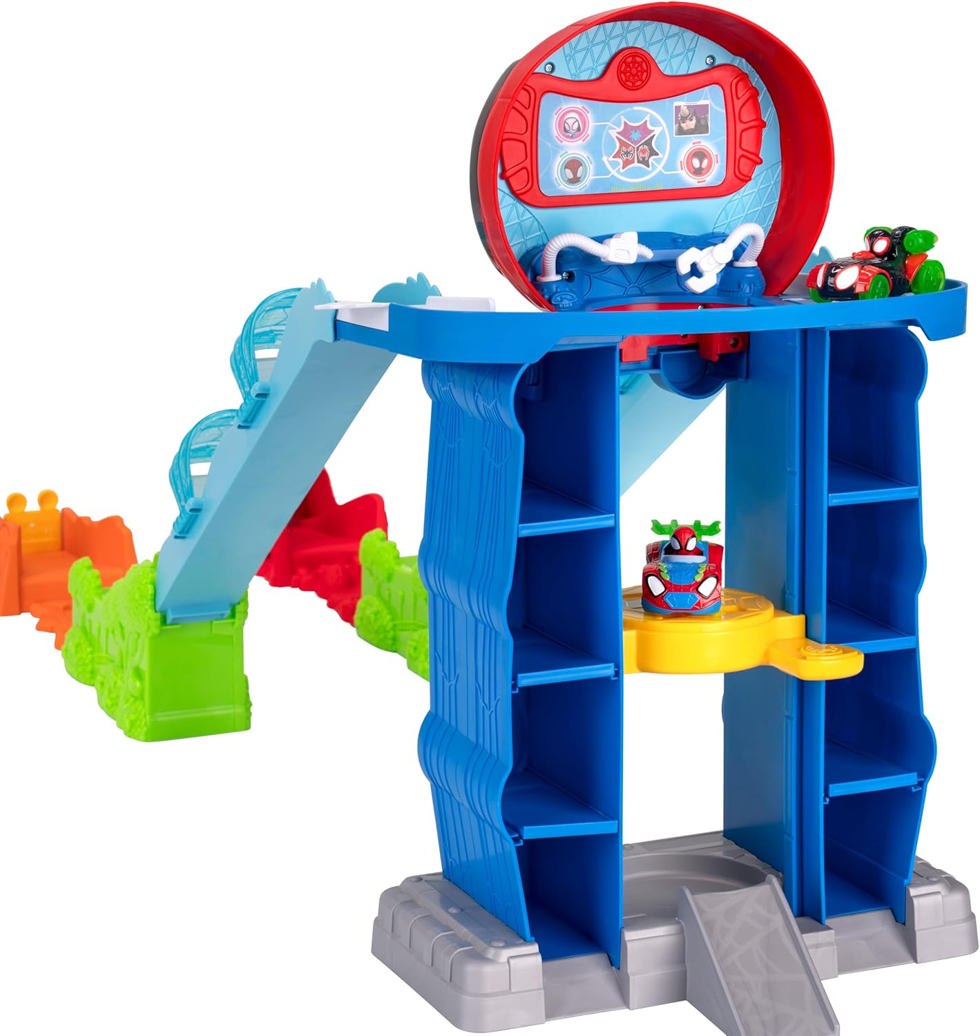 Homem-Aranha e seus Incríveis Amigos - Pista Mega Jump HQ do Homem-Aranha - Pista dupla de 99 cm com elevador, centro de controle, túneis de teia e dois veículos exclusivos da linha Amazing Metals.