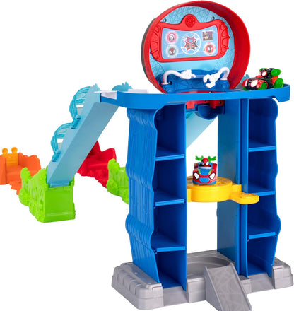 Homem-Aranha e seus Incríveis Amigos - Pista Mega Jump HQ do Homem-Aranha - Pista dupla de 99 cm com elevador, centro de controle, túneis de teia e dois veículos exclusivos da linha Amazing Metals.