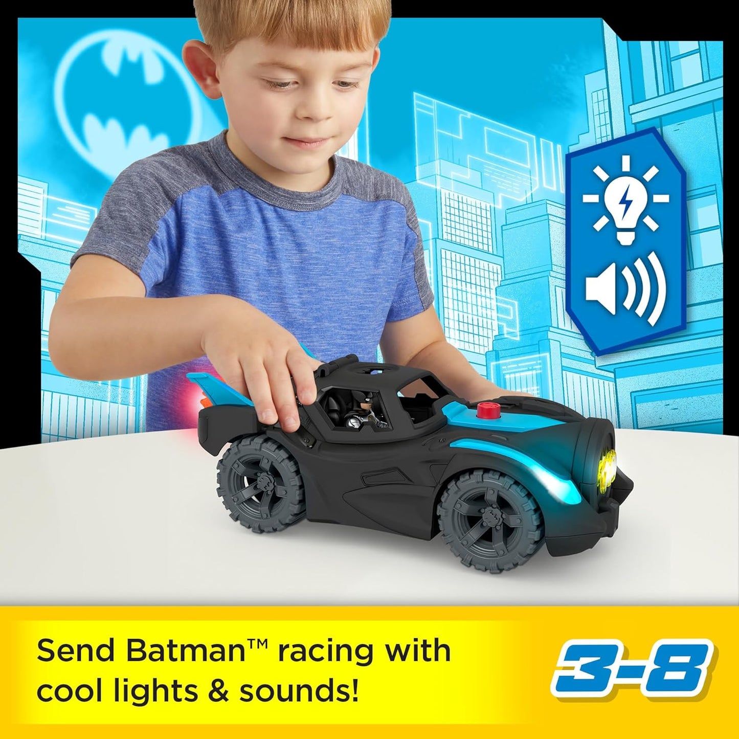 Batmóvel Fisher-Price Imaginext DC Super Friends com luzes e sons, brinquedo do Batman para crianças em idade pré-escolar a partir de 3 anos, HGX96