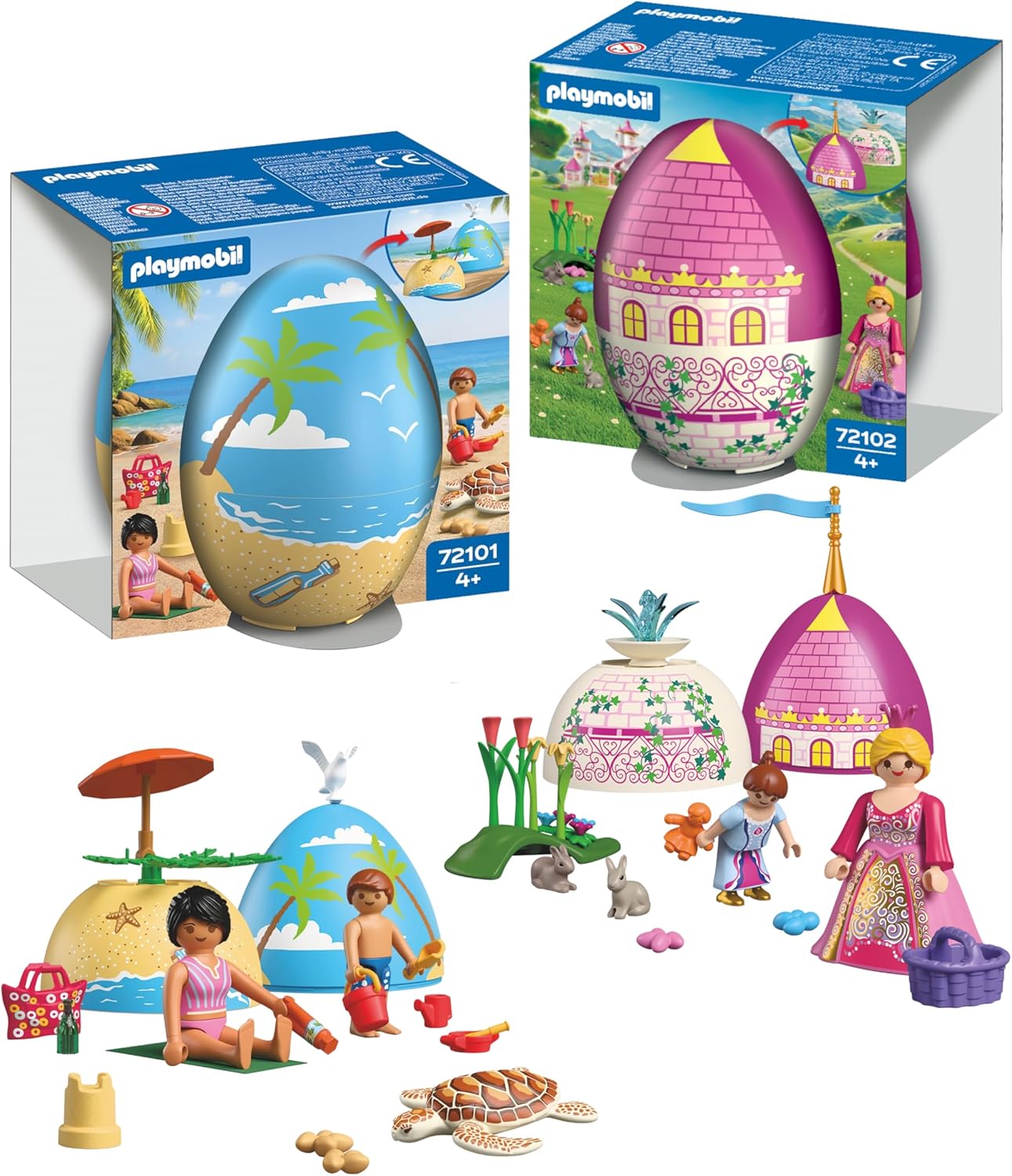 Playmobil Conjunto Play Egg Princesa e Praia | 2 Ovos Surpresa com Bonecos e Acessórios | Mini Mundos para Montar | Reutilizável como Cofre | Presente de Páscoa para Crianças a partir de 4 Anos | 210448