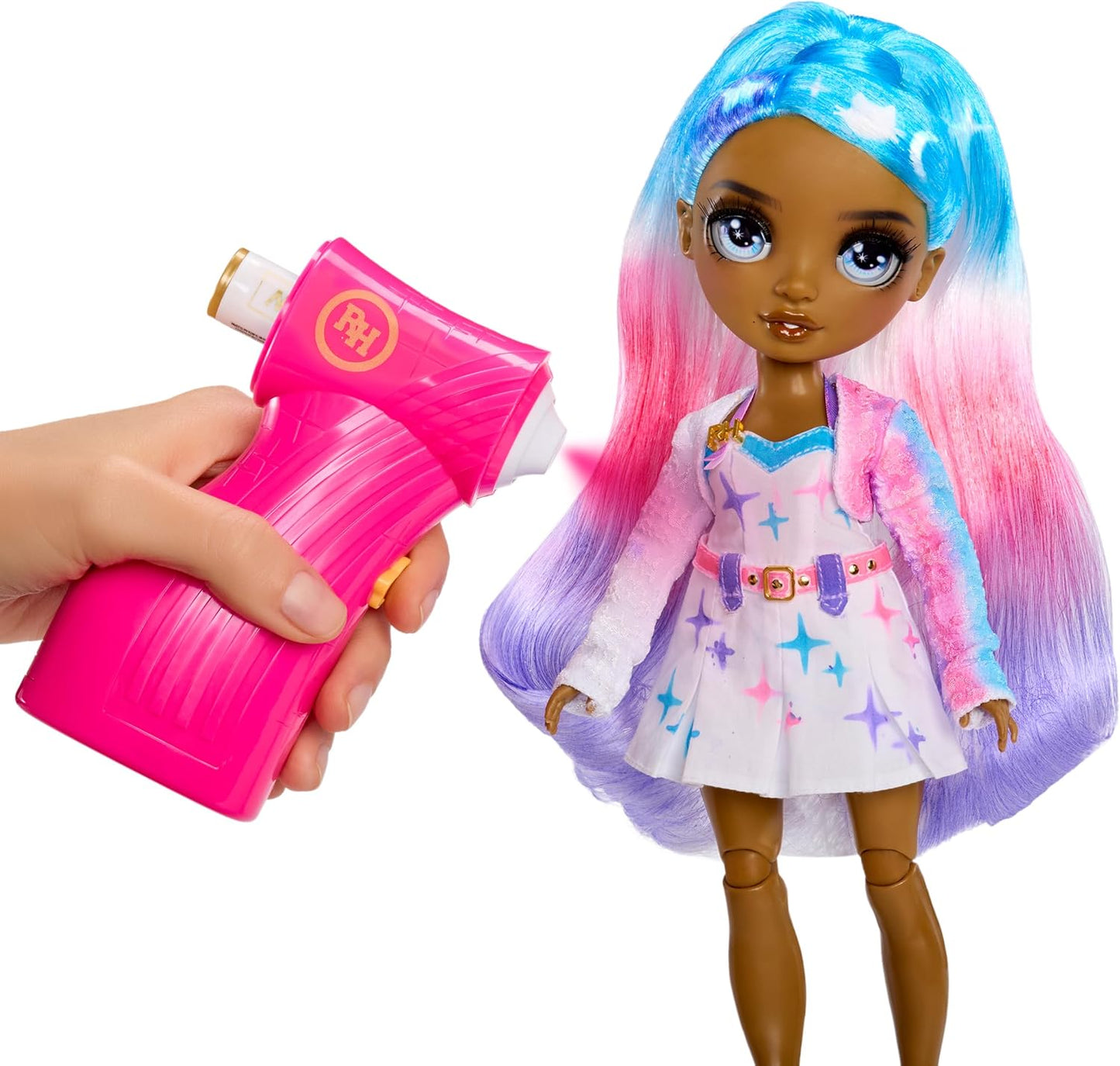 Rainbow High Air Brush & Create - 1 boneca fashion faça você mesmo com kit de aerógrafo, marcadores laváveis com efeito arco-íris, cabelo comprido, olhos cinzentos, brincadeira criativa para crianças de 4 a 12 anos ou mais.