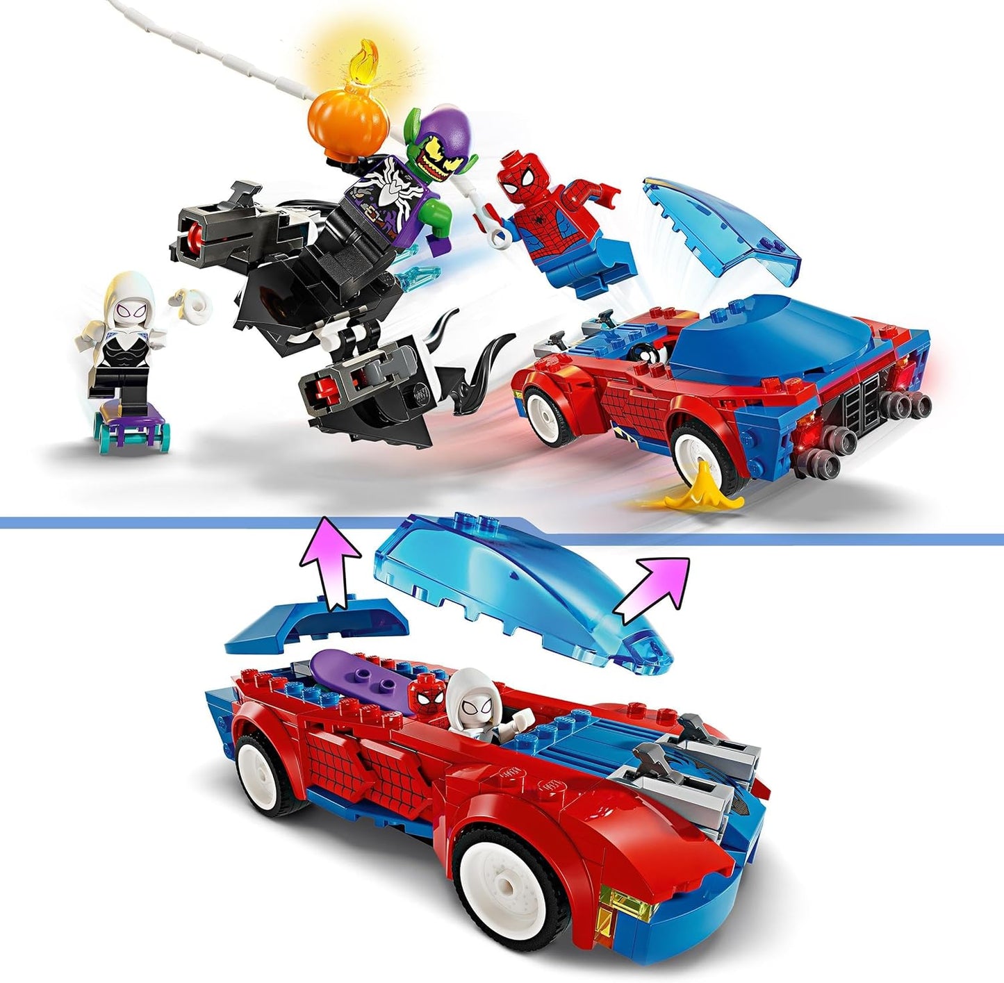 LEGO Carro de corrida do Homem-Aranha da Marvel e Duende Verde Venom, brinquedos de construção de super-heróis para meninos e meninas com uma minifigura do Aranha, além de um veículo de brinquedo montável e atiradores
