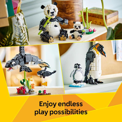 LEGO Creator 3in1 Wild Animals: Panda Family Toy - Transforma-se em figuras de pinguins ou brinquedos de baleia orca - Conjunto de construção para meninas e meninos amantes da natureza com mais de 8 anos - Presente de aniversário criativo