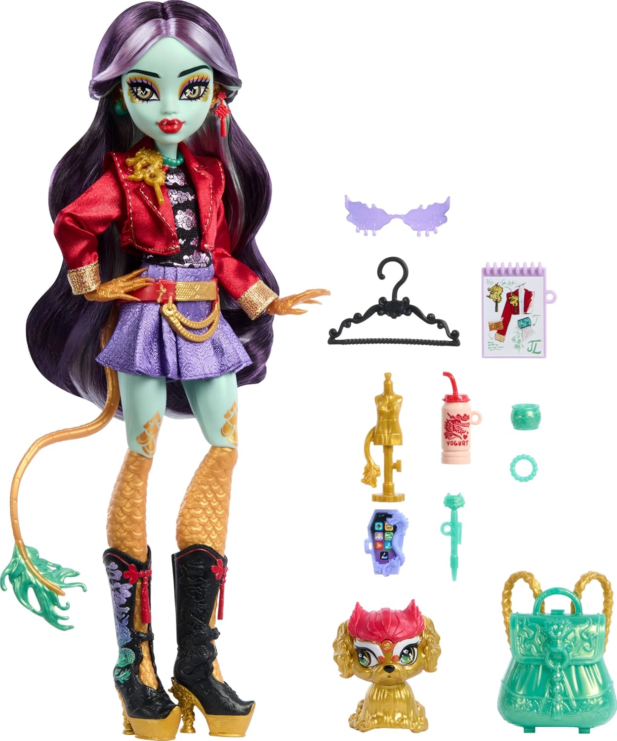 Monster High Boneca Jinafire Long, Dragão com o cachorro de estimação Cloudy “Yun Yun” e 7 acessórios como bloco de desenho, iogurte, mochila e muito mais, HYV58
