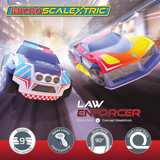 Micro Scalextric - Juego de carreras Law Enforcer - Juegos de carreras con alimentación eléctrica, pistas de carreras de autos tragamonedas para niños de 4 años en adelante, incluye 2 autos, 1 juego de pistas, 1 base de energía eléctrica y 2 controladores