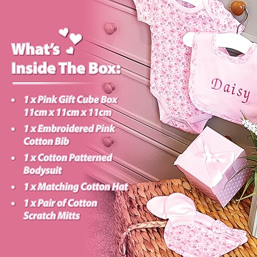 ellabellaboo Presentes personalizados para bebês da – A pequena caixa de presente contém 1 babador personalizado. Outras roupas essenciais para bebês incluem um body, um chapéu e luvas anti-arranhões.
