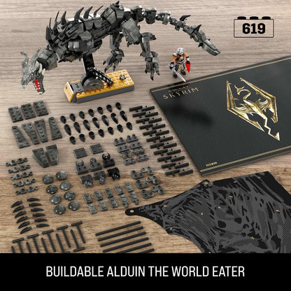 MEGA Bonecos de Ação e Brinquedos de Montar MEGA Skyrim – Alduin, o Devorador de Mundos (619 peças) com 1 figura do Dragonborn, para colecionadores (HXR98)