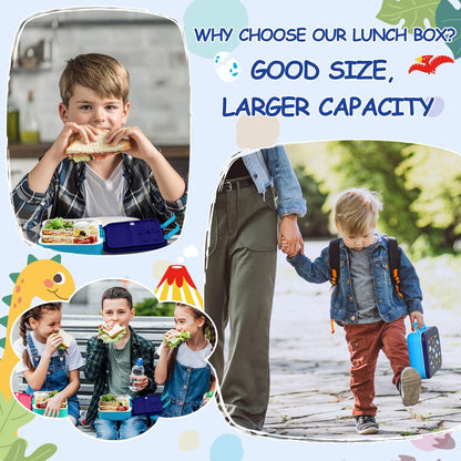 Lehoo Castle Lancheira infantil Bento, lancheira com 5 compartimentos, recipientes de almoço de 1,25L com pote de molho, colher e garfo para meninos e meninas, escola, à prova de vazamentos, sem BPA (dinossauro)