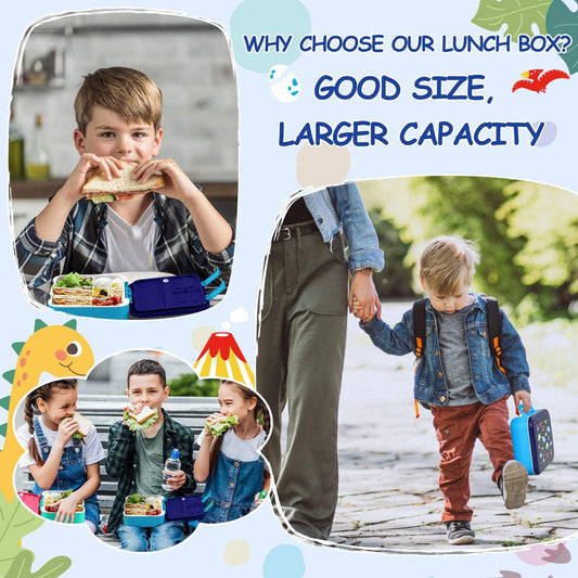 Lehoo Castle Fiambrera Bento para Niños, Fiambrera de 5 Compartimentos, Recipientes para Almuerzo de 1,25 L con Salsa, Cuchara y Tenedor para Niños y Niñas, Escuela, A Prueba de Fugas, Sin BPA (Dinosaurio)