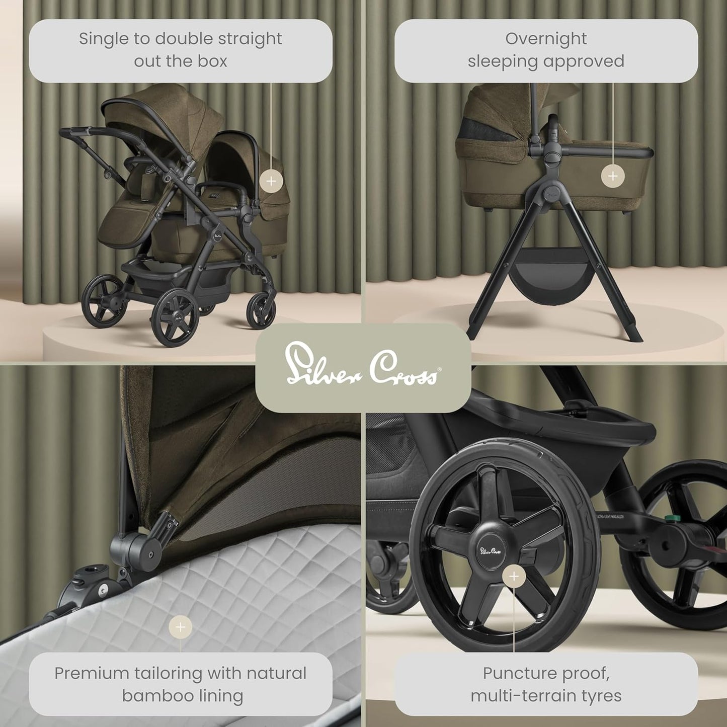 Silver Cross - Carrinho Wave Simples a Duplo - Carrinho de bebê 2 em 1 - Carrinho duplo estreito - Compatível com assento de carro - Recém-nascido a 4 anos (22kg) - Cedro