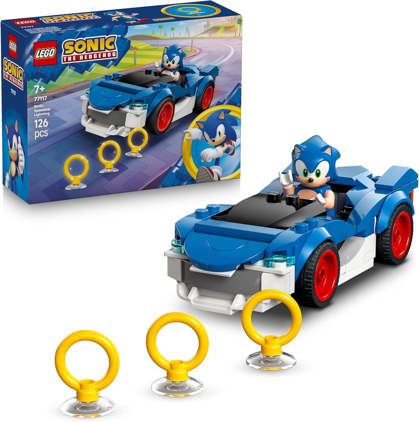 LEGO Sonic the Hedgehog: Sonic Speedster Lightning - Carro de Corrida de Brinquedo com Minifigura, Esmeralda do Caos e 3 Anéis Dourados - Presente Gamer para Meninos e Meninas a partir de 7 Anos - 77117