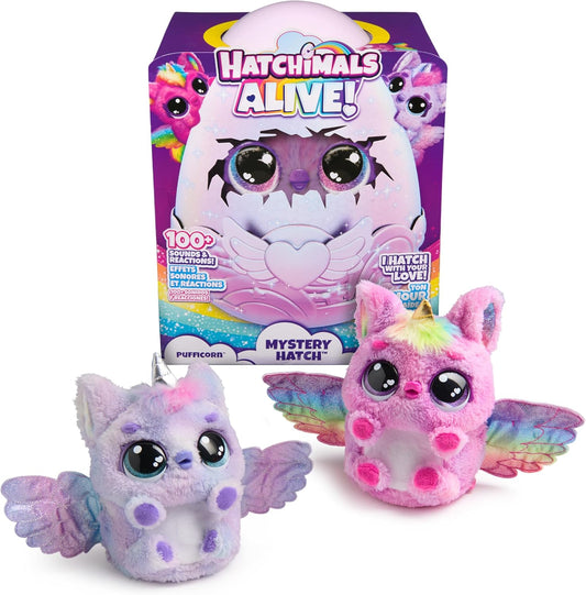 HATCHIMALS Alive, Mystery Hatch Pufficorn, brinquedo interativo surpresa e ovo com névoa, luzes e sons (os estilos variam), brinquedos infantis para meninas e meninos