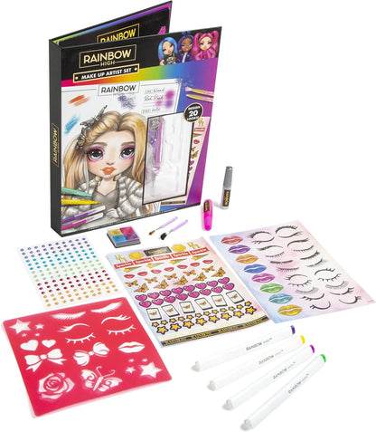 Rainbow High Conjunto de maquiador - contém bloco de arte cheio de meninas, pedras preciosas, estênceis, folhas de adesivos e muito mais. Pacotes de atividades de viagem para crianças - Design de moda para crianças