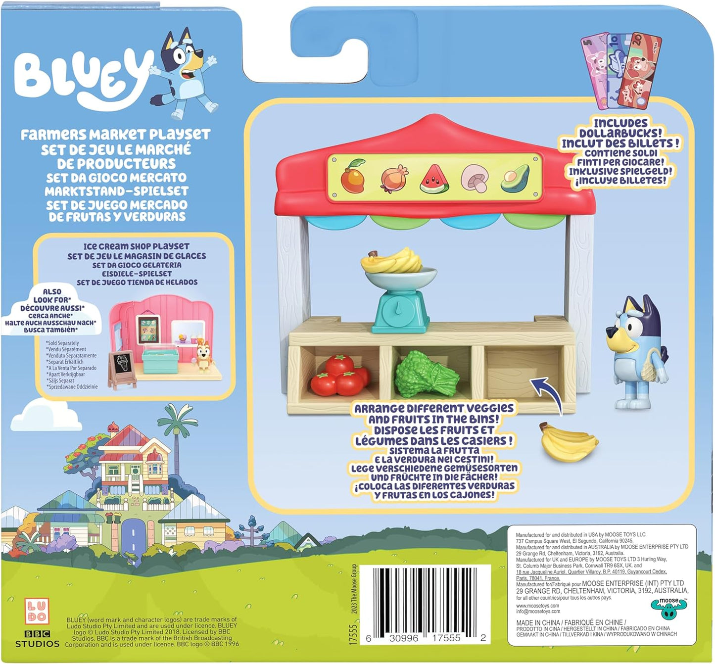 Bluey Mini Playsets Bluey Farmers Market Playset inclui figura articulada de Bluey com sacola de compras e acessórios com Dollarbucks