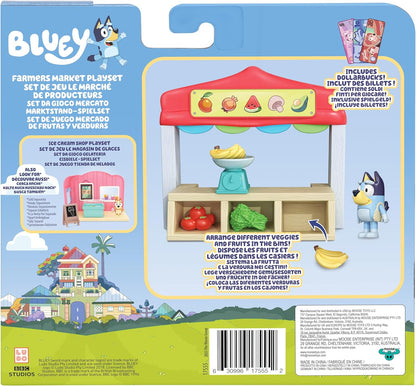 Bluey Mini Playsets Bluey Farmers Market Playset inclui figura articulada de Bluey com sacola de compras e acessórios com Dollarbucks