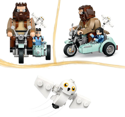 LEGO 76443 Harry Potter Hagrid e Harry's Motorcycle Ride, brinquedo de motocicleta móvel construído em tijolos com sidecar e figura de Edwiges, exibição de presente de aniversário para fãs do mundo mágico
