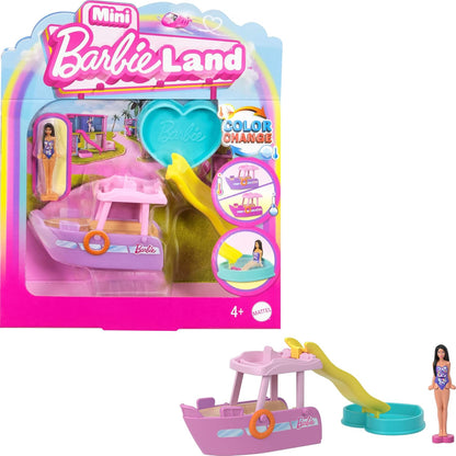 Barbie Conjunto de boneca Mini BarbieLand e veículo de brinquedo, boneca Barbie de 3,8 cm e barco dos sonhos com mudança de cor, além de escorregador e piscina removíveis, HYF41