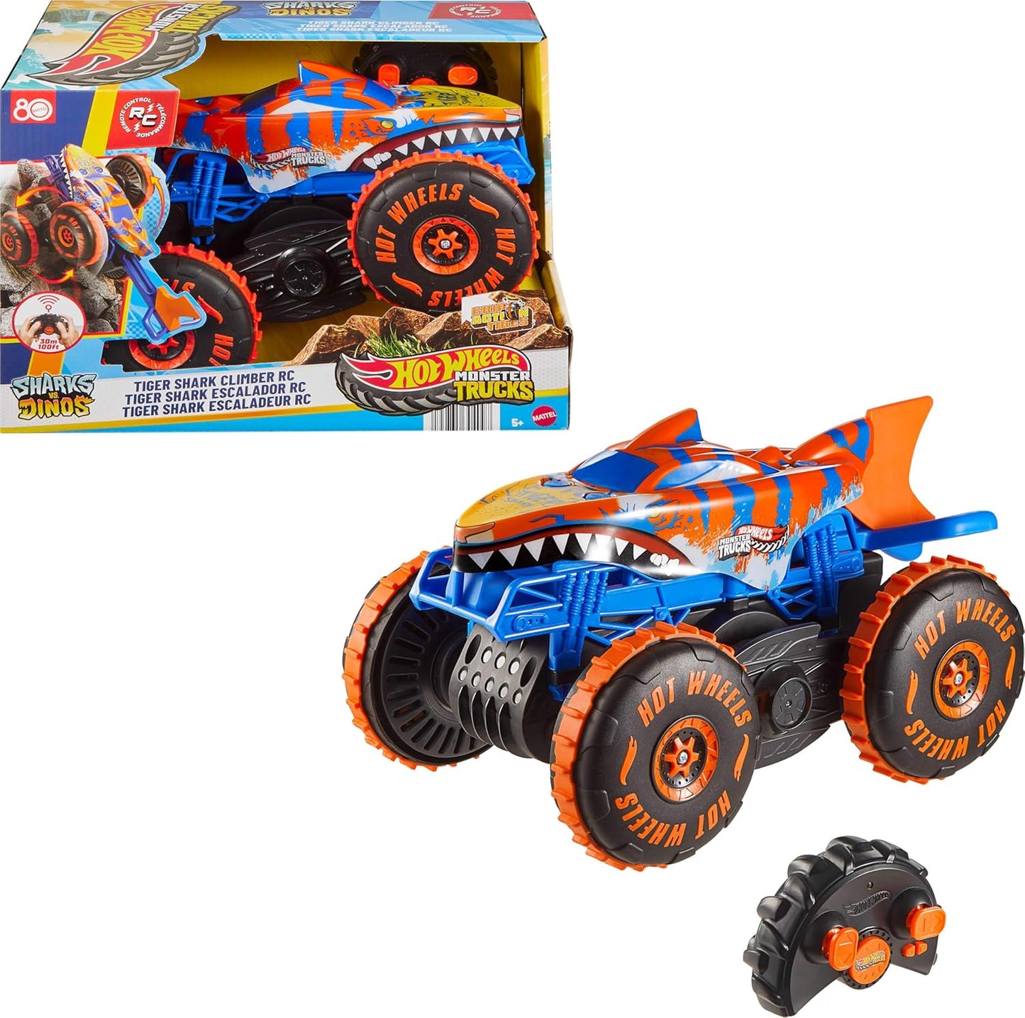 Hot Wheels Monster Trucks - Veículo de Brinquedo com Controle Remoto, Modelo Grande Tubarão Tigre Escalador RC com 3 Modos de Jogo para Corrida, Escalada e Acrobacias, JFR39