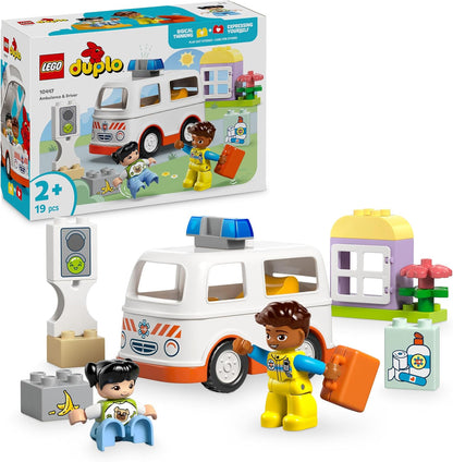 LEGO Conjunto de ambulância e motorista DUPLO, brinquedo educacional Montessori para crianças de 2 anos ou mais, meninos e meninas, ótimo para brincadeiras criativas, desenvolve pensamento lógico, dramatização e habilidades motoras finas