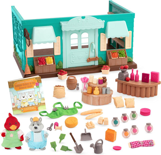 Li'l Woodzeez WZ6813SZ Juego de figuras de animales - Mini muebles de juguete y comida de juguete - Libro de cuentos incluido - 3 años + - Tienda general hueca de madreselva - Deluxe, multicolor