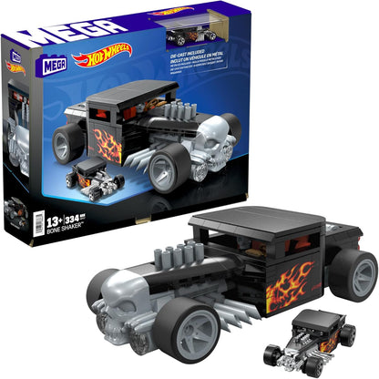 MEGA Conjunto de Brinquedos para Montar Hot Wheels Race Car, Bone Shaker com 334 Peças e Modelo em Metal Fundido, Réplica de Colecionador, Preto e Cromado, Crianças e Adultos, HRY17