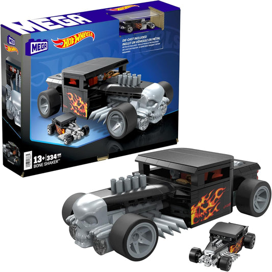 MEGA Conjunto de Brinquedos para Montar Hot Wheels Race Car, Bone Shaker com 334 Peças e Modelo em Metal Fundido, Réplica de Colecionador, Preto e Cromado, Crianças e Adultos, HRY17