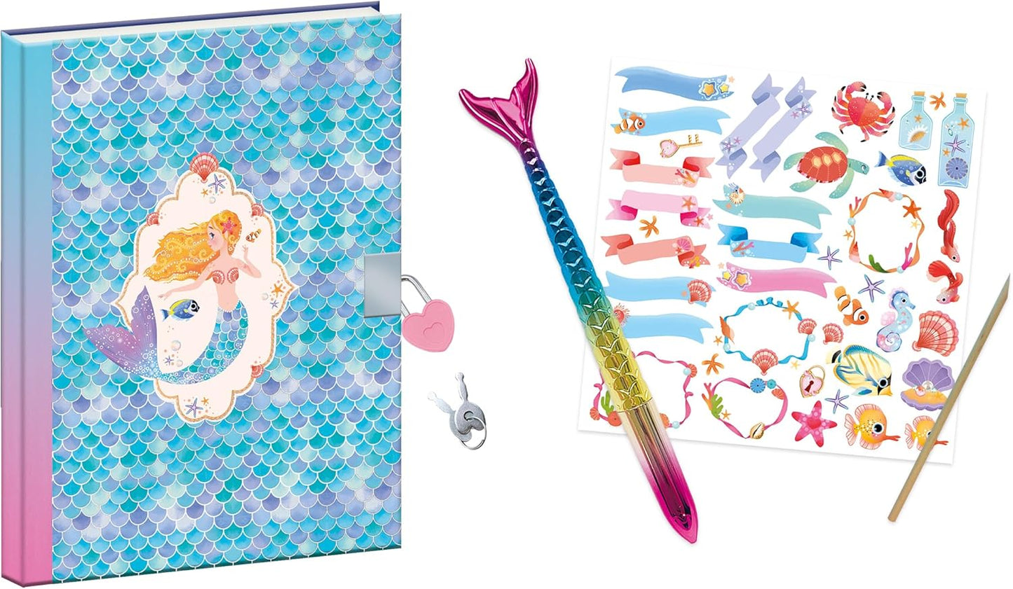 Janod - Oceano Mágico - Caderno Secreto - Diário Privado Infantil - Kit de Artes e Ofícios - Caderno com Caneta Cauda de Sereia - O Universo da Pequena Sereia - Atividade de artesanato para maiores de 3 anos