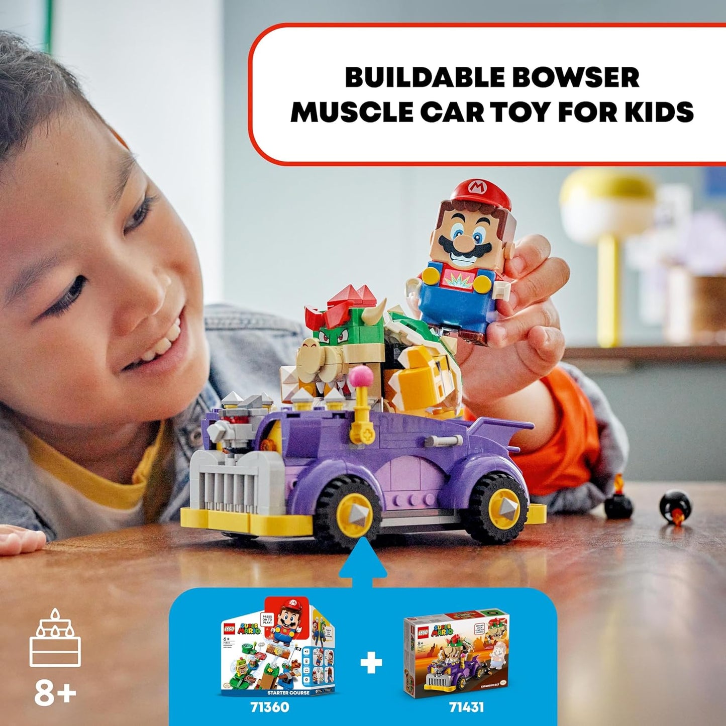 LEGO Conjunto de expansão Muscle Car de Super Mario Bowser, brinquedo colecionável de kart de corrida para meninos, meninas e crianças de 8 anos ou mais com uma figura de personagem Bowser, presente de dia dos namorados