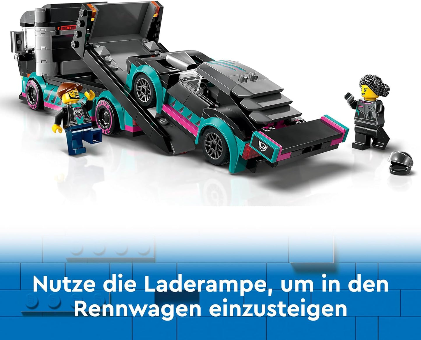 LEGO Conjunto de construção de brinquedo, veículo e transportador para carro de corrida urbano e caminhão transportador de carro para meninos e meninas de 6 anos ou mais com rampa de carregamento ajustável, minifiguras de piloto e motorista, presente