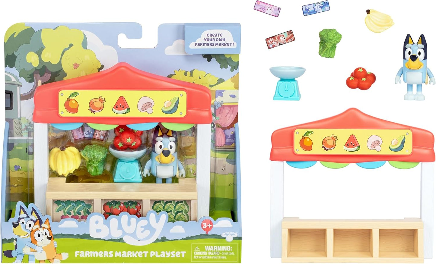 Bluey Mini Playsets Bluey Farmers Market Playset inclui figura articulada de Bluey com sacola de compras e acessórios com Dollarbucks