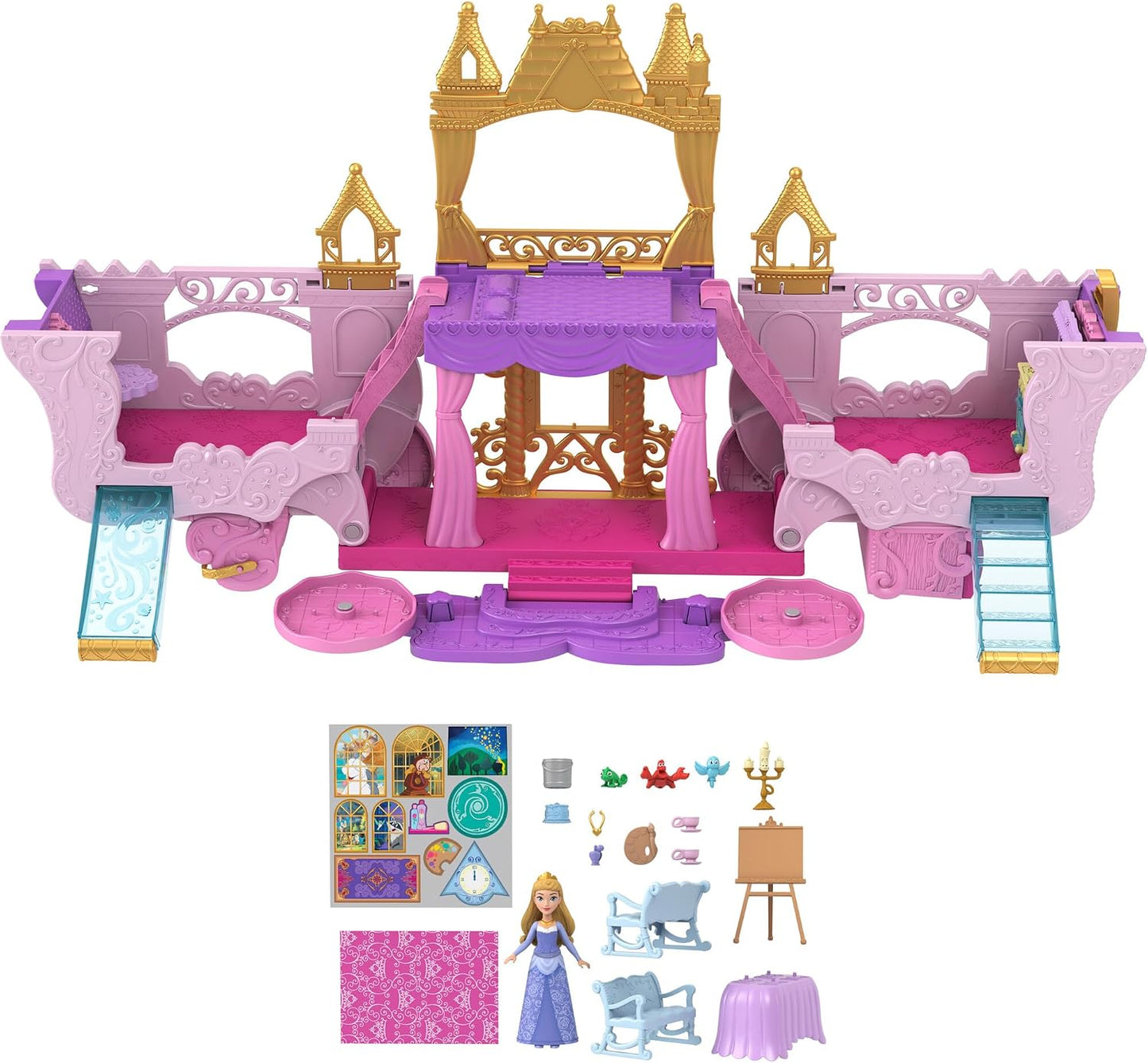 Mattel Conjunto de Brinquedo Disney Princess: Carruagem que se Transforma em Castelo | Inclui Boneca Pequena Articulada da Aurora e Conjunto 2 em 1 com 4 Figuras de Personagens, Móveis e Acessórios – Inspirado nos Filmes, HWX17