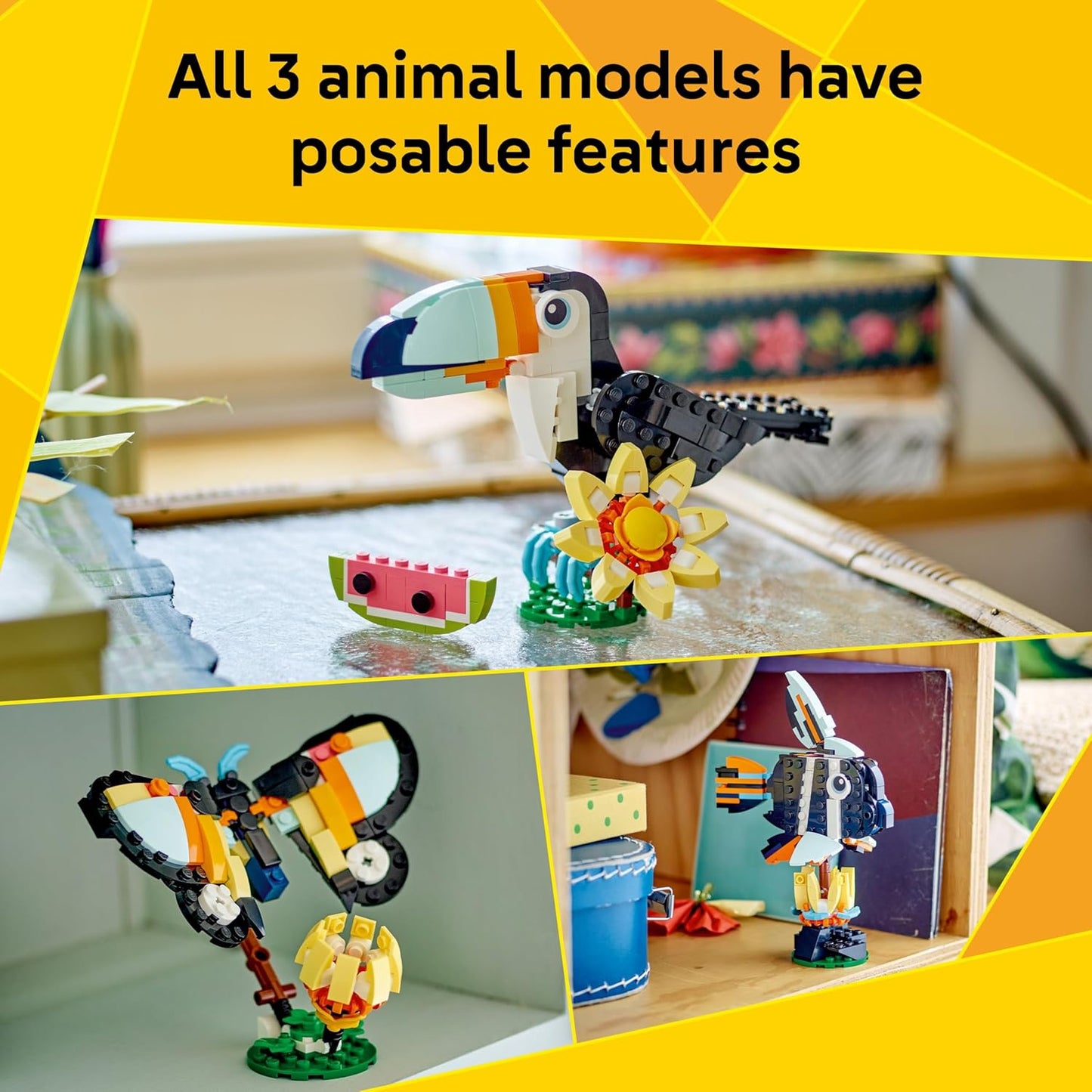 LEGO Creator 3 em 1 Animais Selvagens: Tucano Tropical com Flor - Animal de Brinquedo que se Transforma em uma Borboleta ou um Peixe Tropical - Presente Criativo para Meninas e Meninos a partir de 7 Anos - 31173