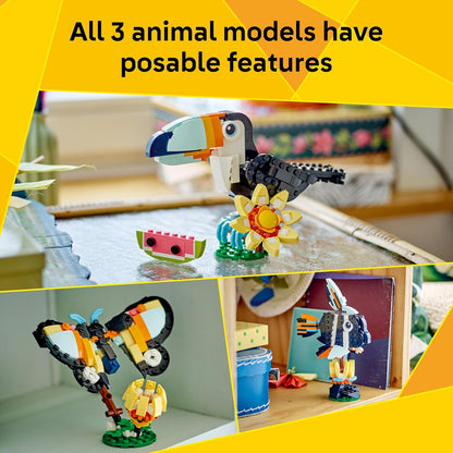 LEGO Creator 3 em 1 Animais Selvagens: Tucano Tropical com Flor - Animal de Brinquedo que se Transforma em uma Borboleta ou um Peixe Tropical - Presente Criativo para Meninas e Meninos a partir de 7 Anos - 31173