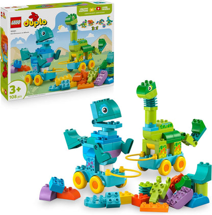 LEGO DUPLO 3 em 1 Dinossauros sobre Rodas - Brinquedo Educativo para Meninos e Meninas a partir de 3 Anos para Construir Figuras de Dinossauros Diplodoco e T. Rex, Triceratops e Estegossauro ou Pteranodonte e Parassaurolofo - 10451