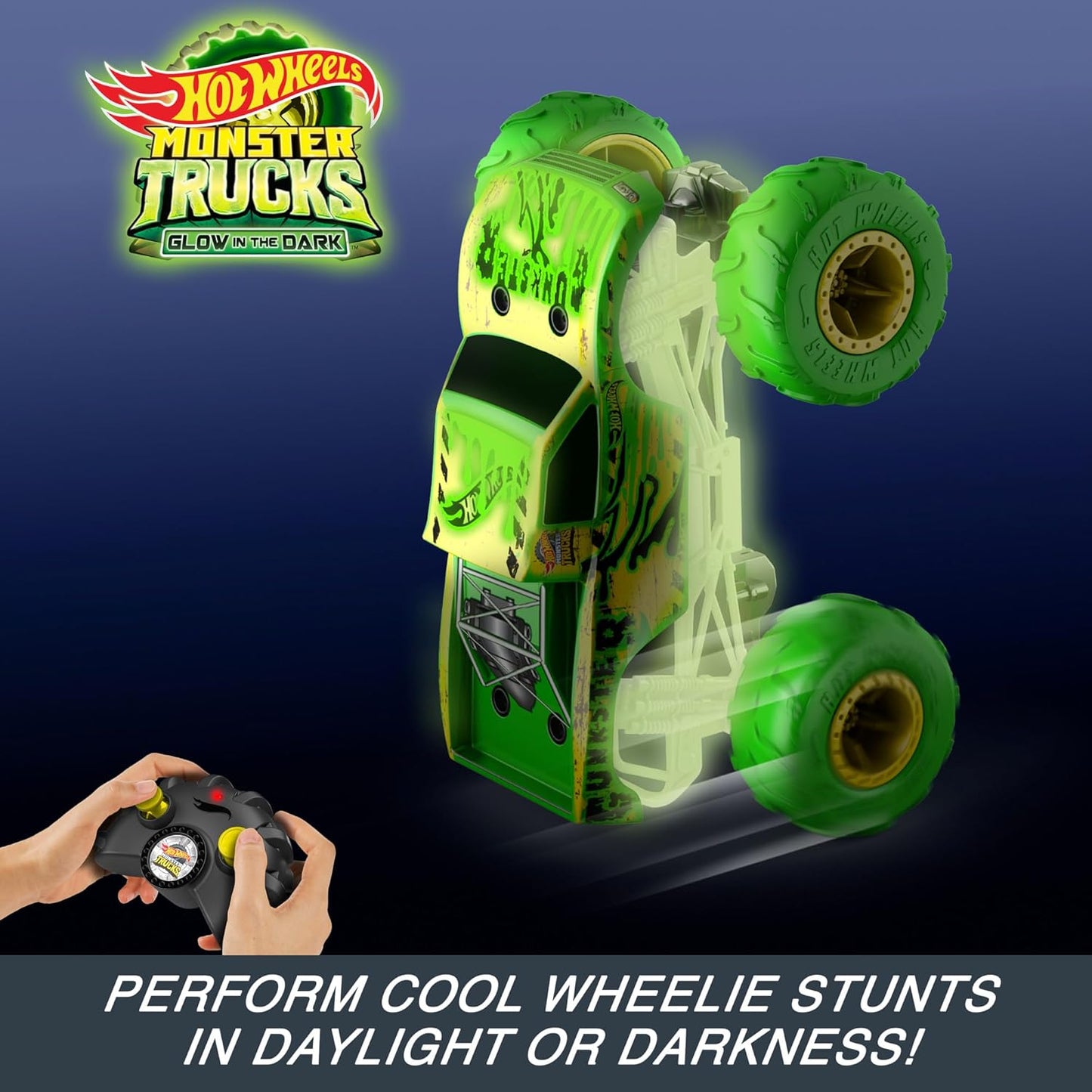 Hot Wheels Monster Trucks Gunkster RC Truck em escala 1:15, brilha no escuro, pneus Terrain Action com capacidade off-road, HTP15