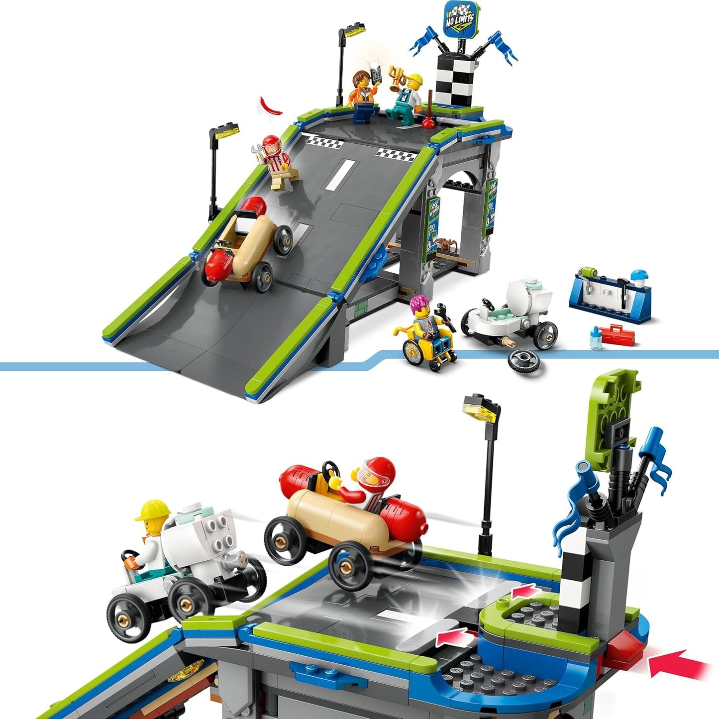 LEGO City No Limits: Conjunto de pista de rampa para carros de corrida - Brinquedos de construção para meninos e meninas com mais de 6 anos - Rampa construível para corridas com 2 carros de sabão e 4 minifiguras - Aniversário divertido